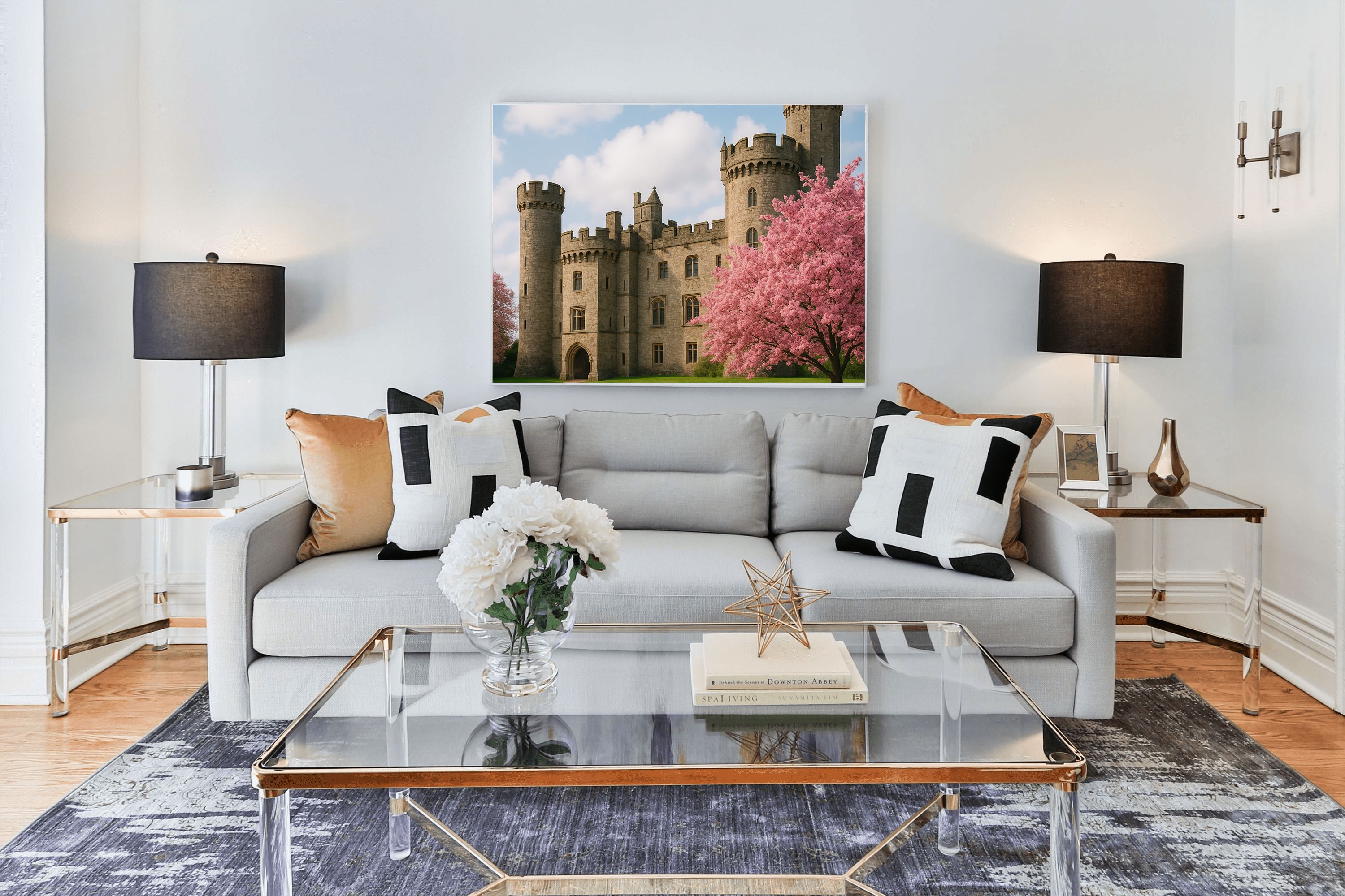 Stone Castle Cherry Blossoms Canvas Wall Art | Fairytale Castle Print