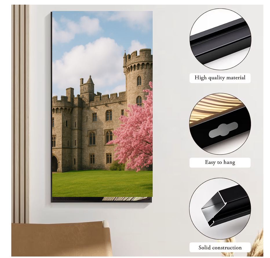Stone Castle Cherry Blossoms Canvas Wall Art | Fairytale Castle Print