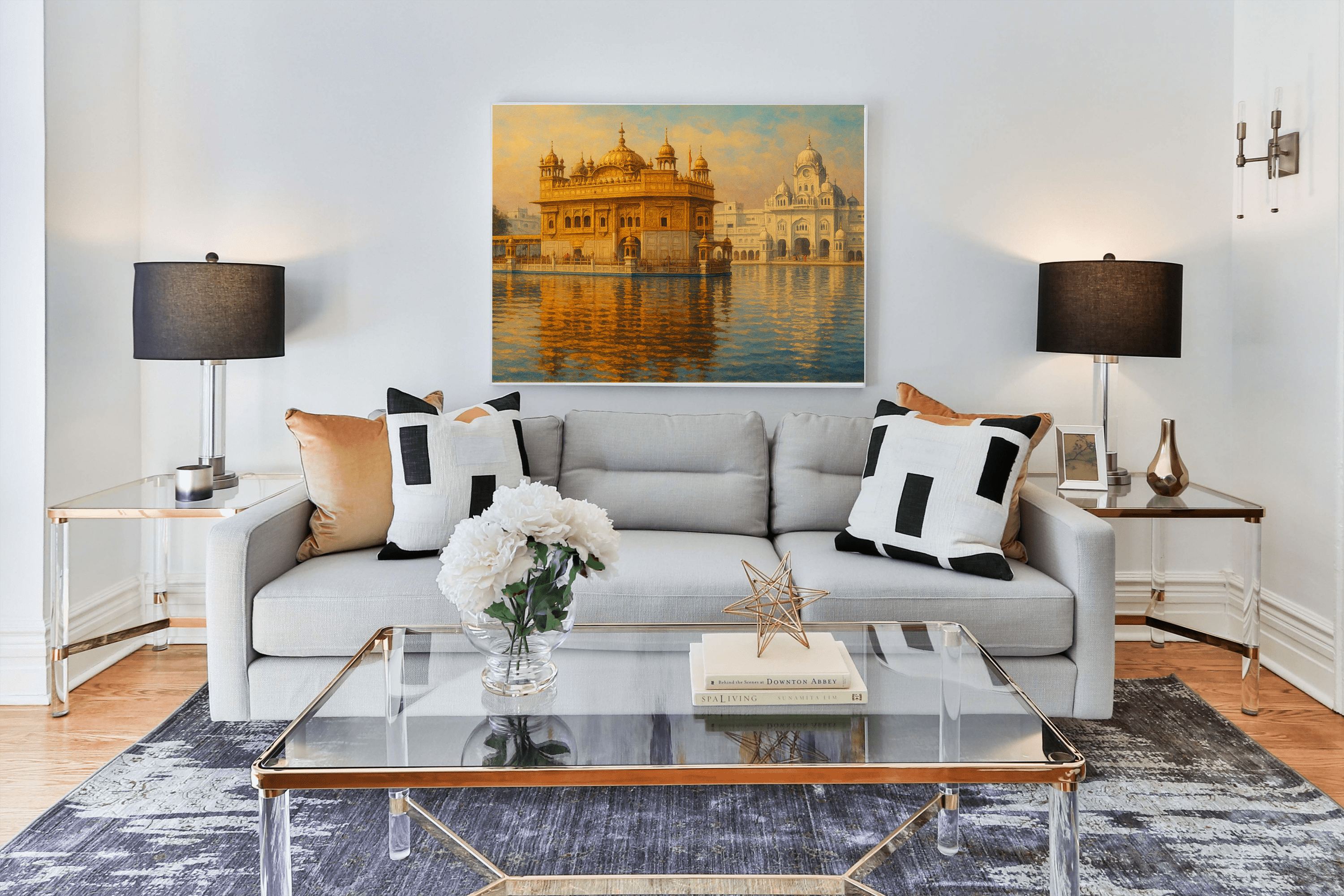 Golden Temple at Sunrise Canvas Wall Art | Zen Temple Decor