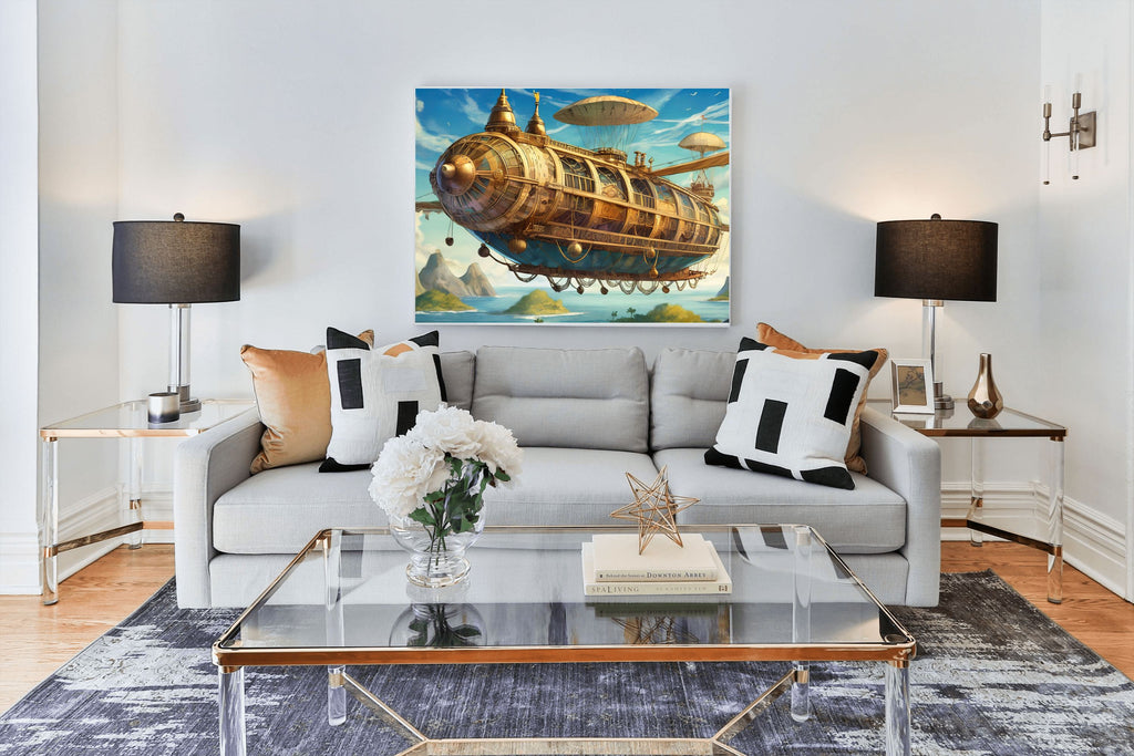 Golden Steampunk Airship Canvas Wall Art | Fantasy Sci-Fi Art