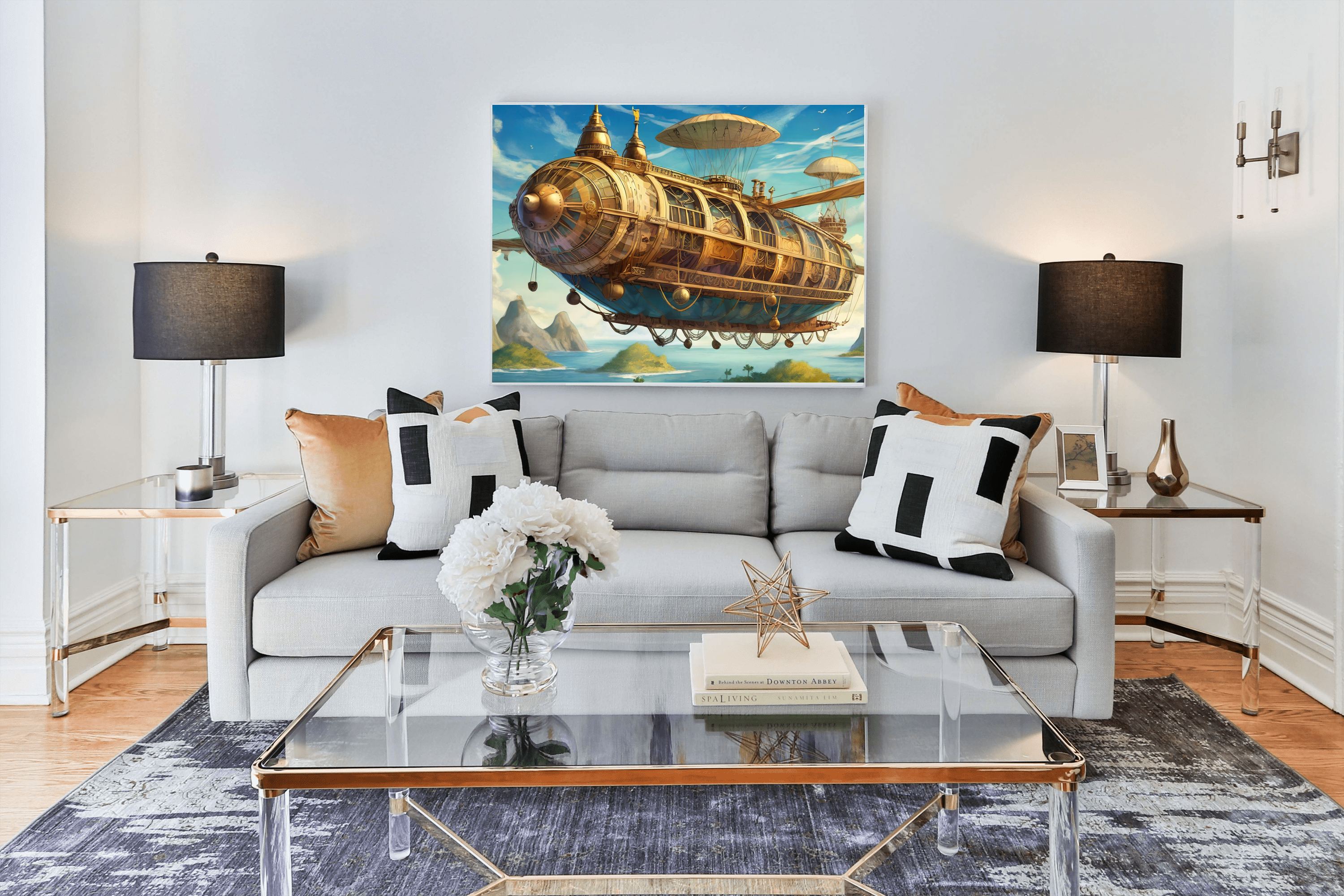 Golden Steampunk Airship Canvas Wall Art | Fantasy Sci-Fi Art