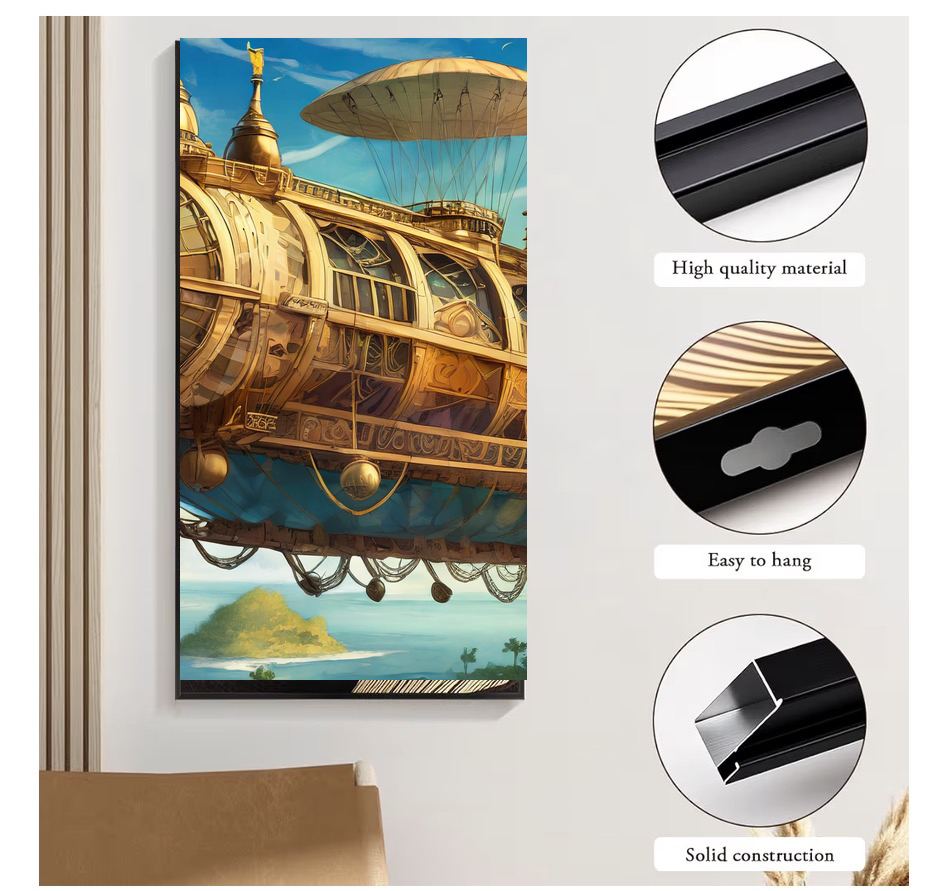 Golden Steampunk Airship Canvas Wall Art | Fantasy Sci-Fi Art