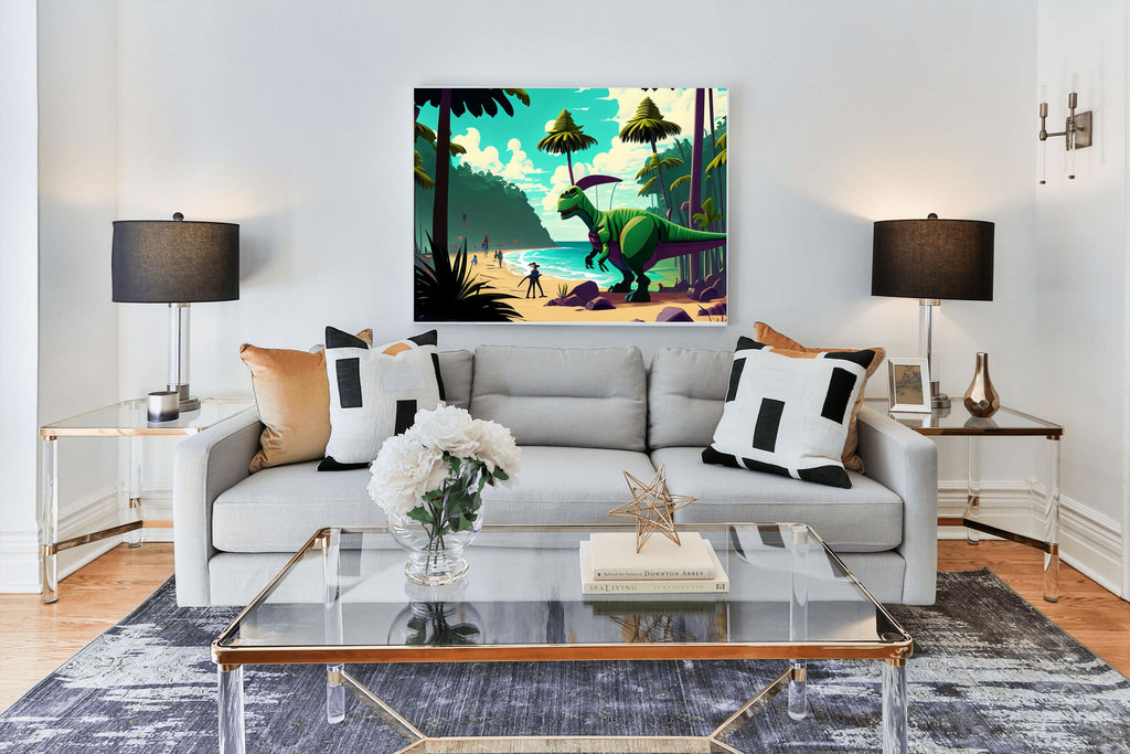 Cartoon Dinosaur Beach Scene Canvas Wall Art | Kids Room Decor
