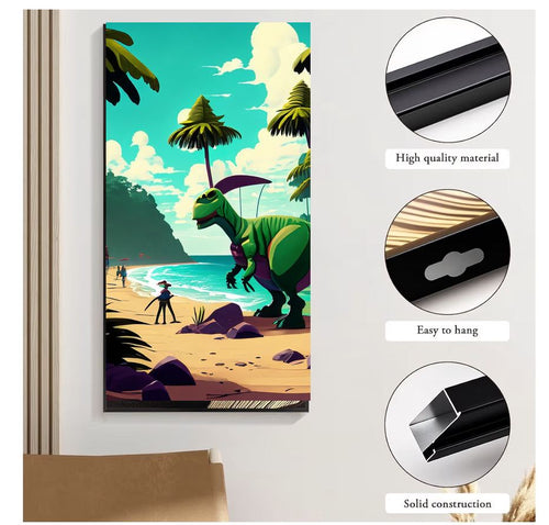 Cartoon Dinosaur Beach Scene Canvas Wall Art | Kids Room Decor