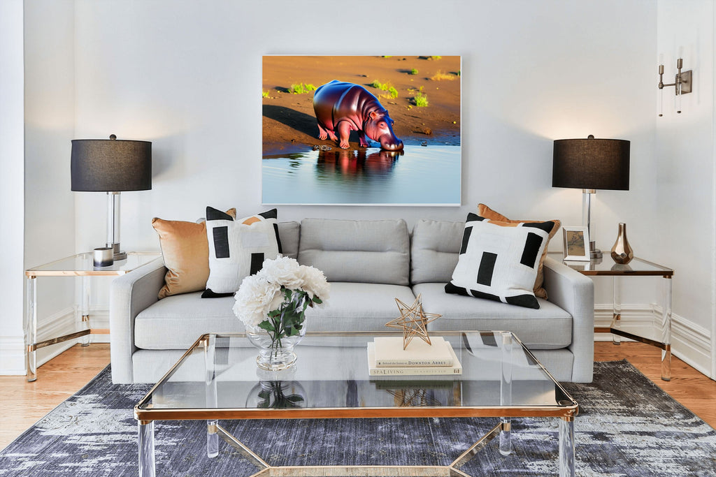 Hippo at the Waterhole Canvas Wall Art | African Wildlife Print