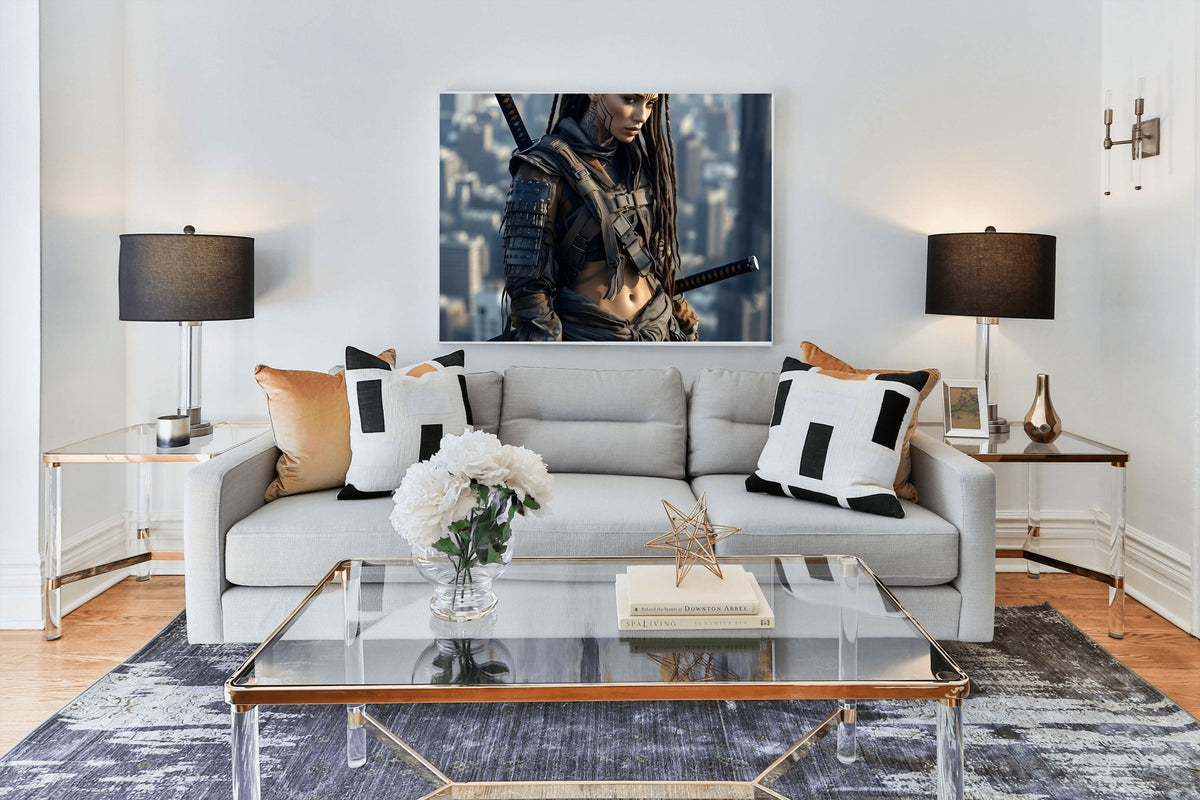 Futuristic Samurai Warrior Canvas Wall Art | Cyberpunk Samurai Decor